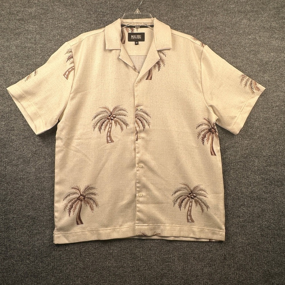 Malibu by Drill Clothing Co Mens Medium Cream Palm Tree Embroidered Shirt NWOT